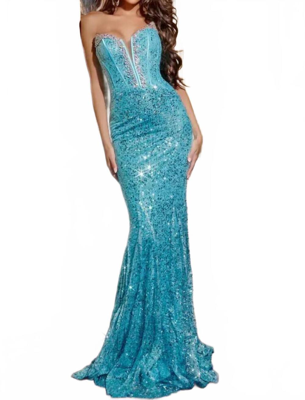 NEW JOVANI sweetheart sequin gown with corset bodice in blue